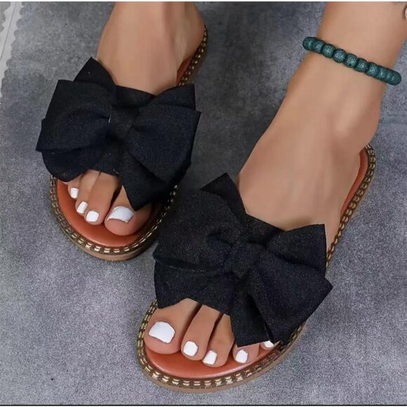 Women's Black Brown Bow Knot Open Toe Slip On Slides Flat Slippers Sandals - Picture 3 of 5